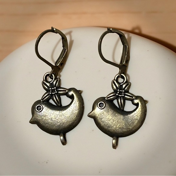 Handmade Antique Bronze Bird Earrings . Lever-back Hooks . Boho . Boho Cute Gift - Picture 5 of 6